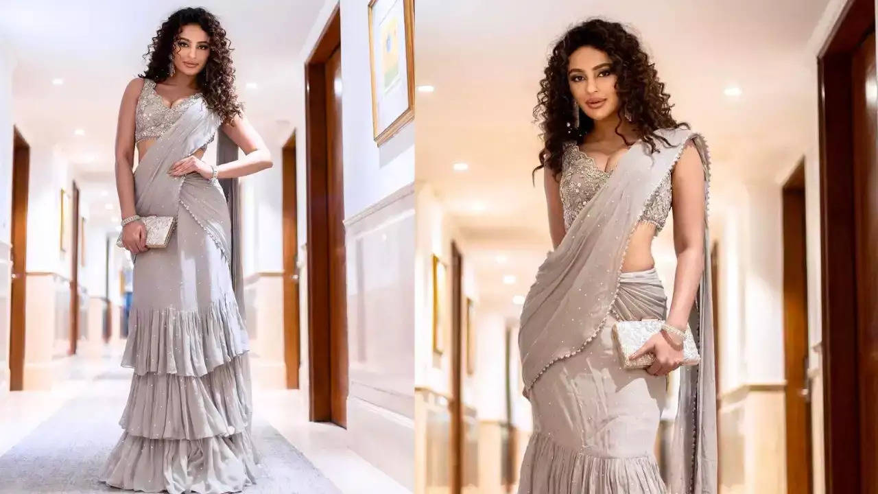 Seerat Kapoor Dons A Grey Pearl Studded Ruffle Saree With A Sequined Deep Plunging Neckline Blouse Looking Glamorous and Redefining Grace